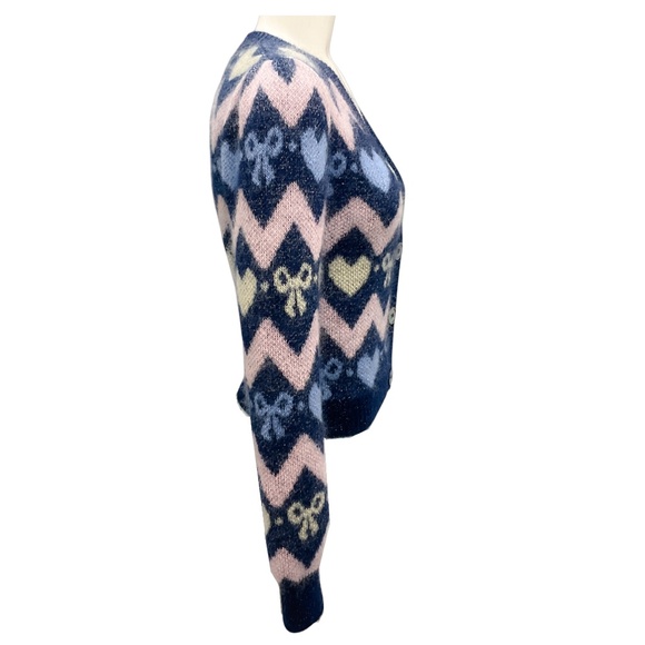 ALESSANDRA RICH NAVY MULTI 2023 CROPPED MOHAIR KNIT CARDIGAN SWEATER - Picture 2 of 6